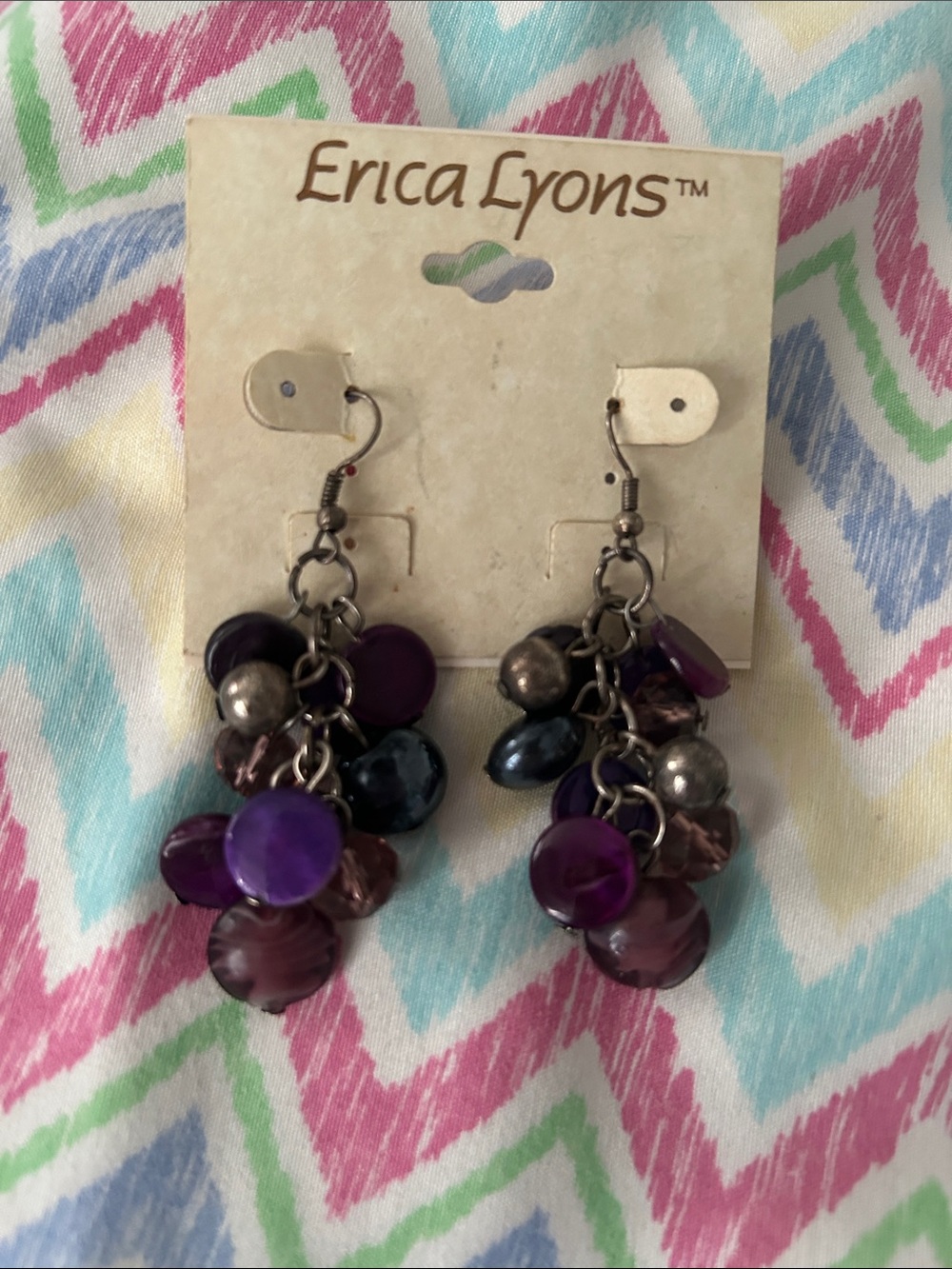 Erica Lyons Purple and Silver Cluster Dangle Earrings